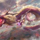 Green Dragon Flying Among Purple Stormy Clouds in Illustration