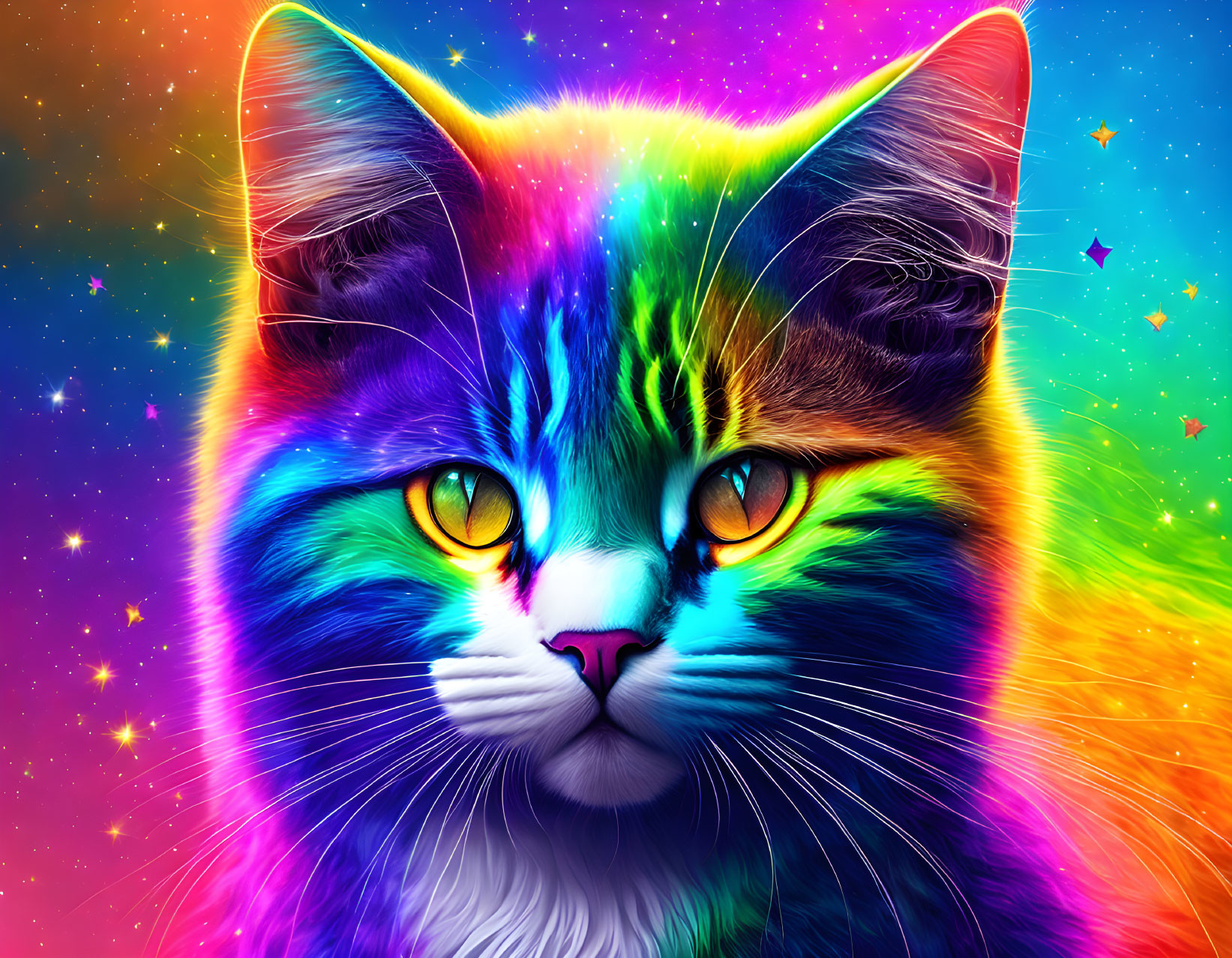 Colorful Neon Cat Artwork on Rainbow Background