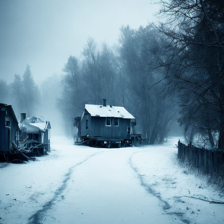 Snow-covered landscape with winding path and cluster of old houses in mist