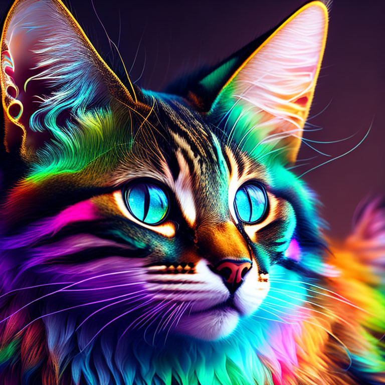 Colorful digital artwork: Multicolored cat with blue eyes and detailed textures