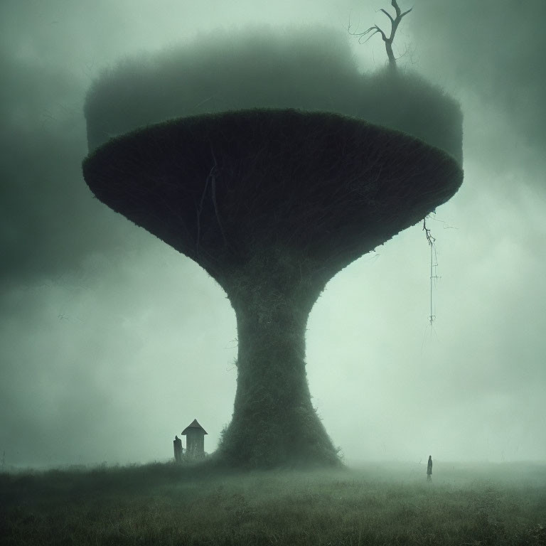 Solitary figure under giant mushroom-shaped tree in misty green ambiance