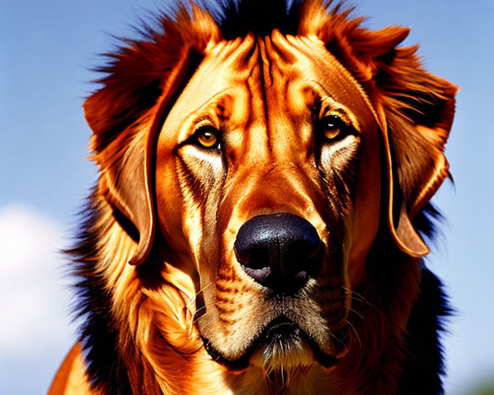 Digital blend of dog and lion with blue sky background