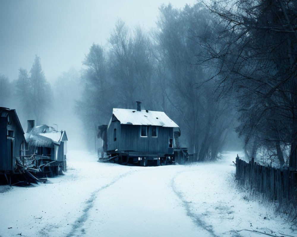 Snow-covered landscape with winding path and cluster of old houses in mist