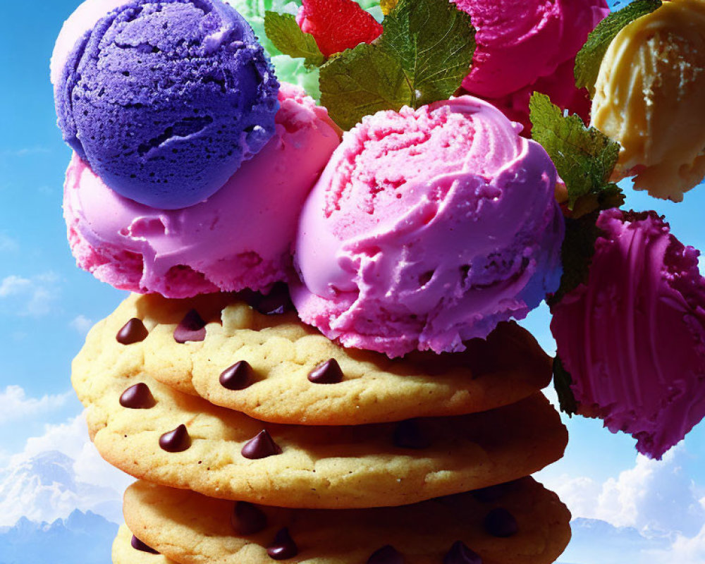 Assorted ice cream scoops on cookies under cloudy sky