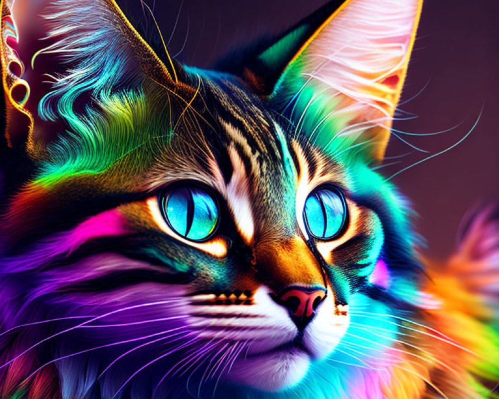 Colorful digital artwork: Multicolored cat with blue eyes and detailed textures