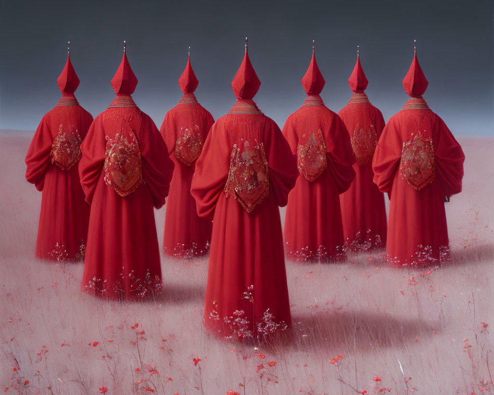 Seven Figures in Red Cloaks and Conical Hats Standing in Field of Red Flowers