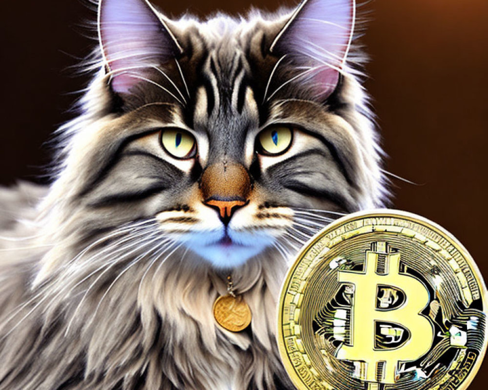 Realistic cat face merged with Bitcoin symbol in digital art