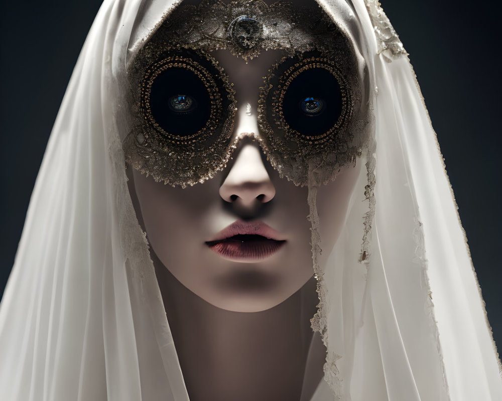 Person with Black-Rimmed Eye Embellishments Under White Veil