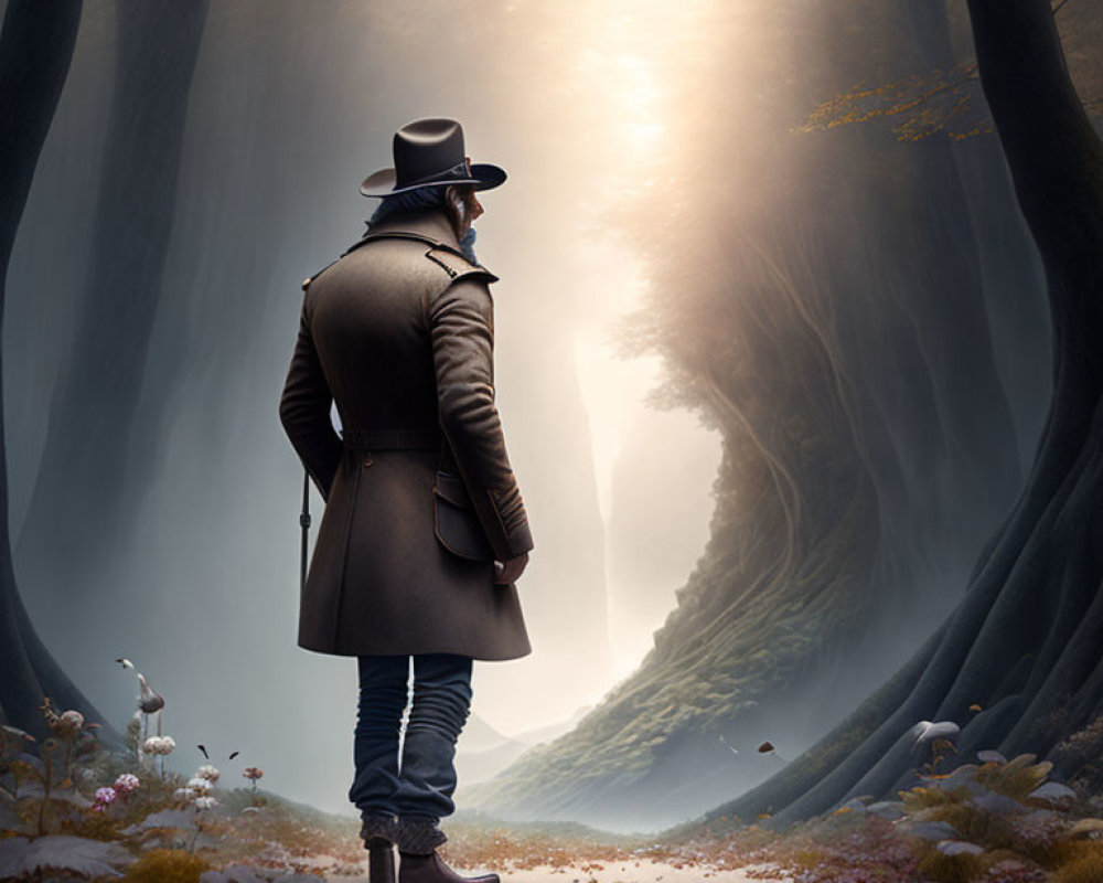 Person in Coat and Hat in Mystical Forest with Surreal Elements