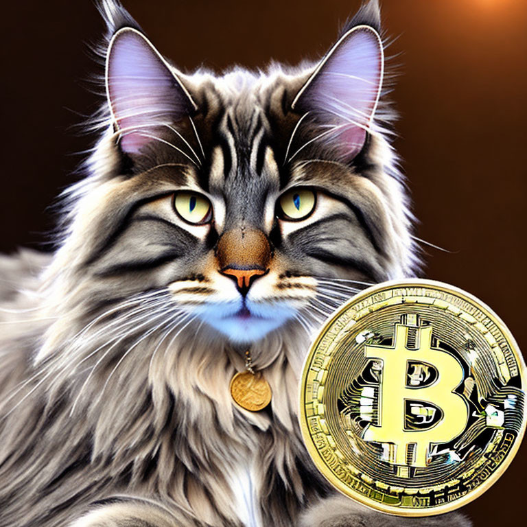 Realistic cat face merged with Bitcoin symbol in digital art