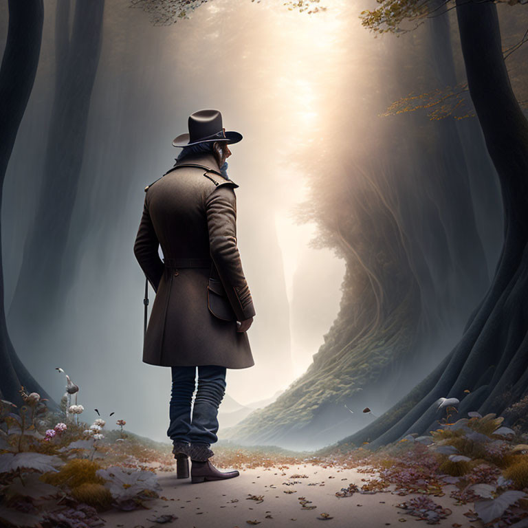 Person in Coat and Hat in Mystical Forest with Surreal Elements