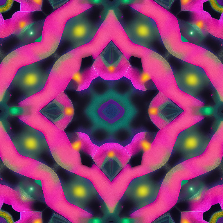 Neon Pink and Green Kaleidoscope Pattern on Black Background