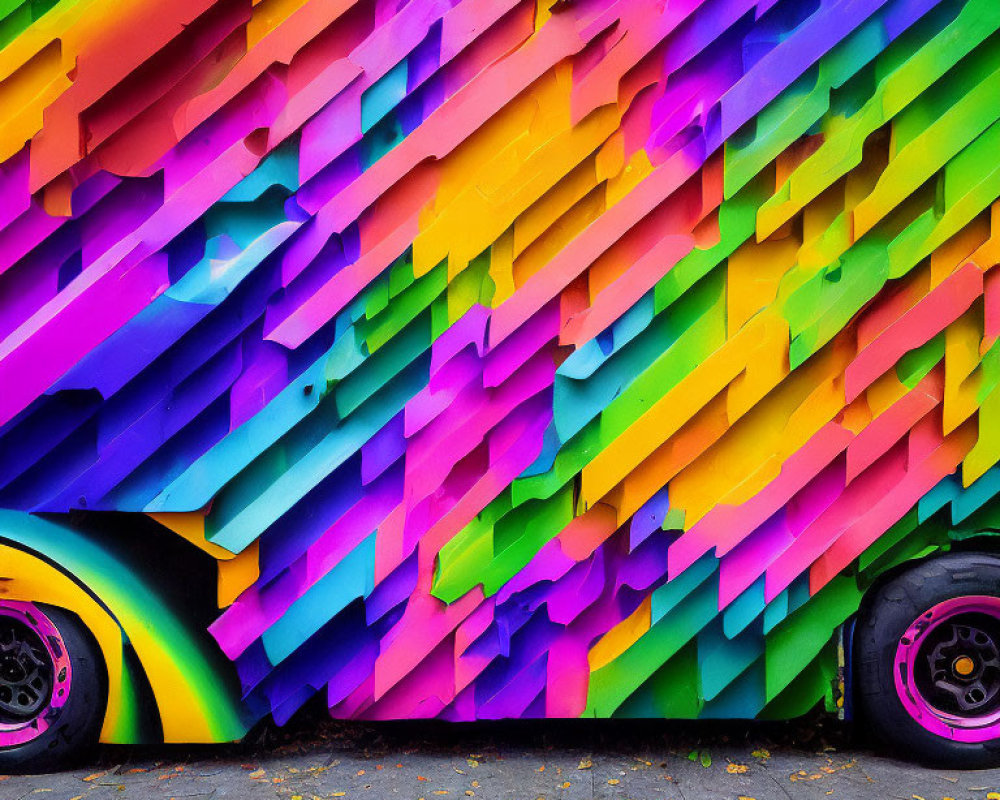 Colorful Geometric Mural Next to Matching Car Wheels on Gray Pavement