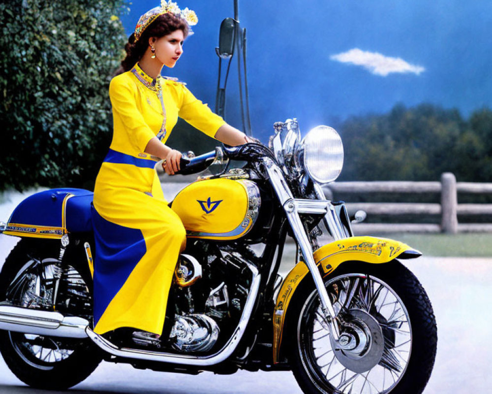 Vibrant woman in yellow traditional dress on classic motorcycle in nature