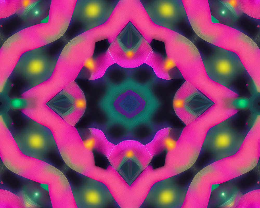 Neon Pink and Green Kaleidoscope Pattern on Black Background