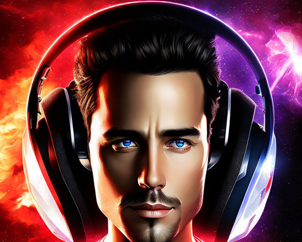 Stylized portrait of a man with blue eyes in cosmic setting