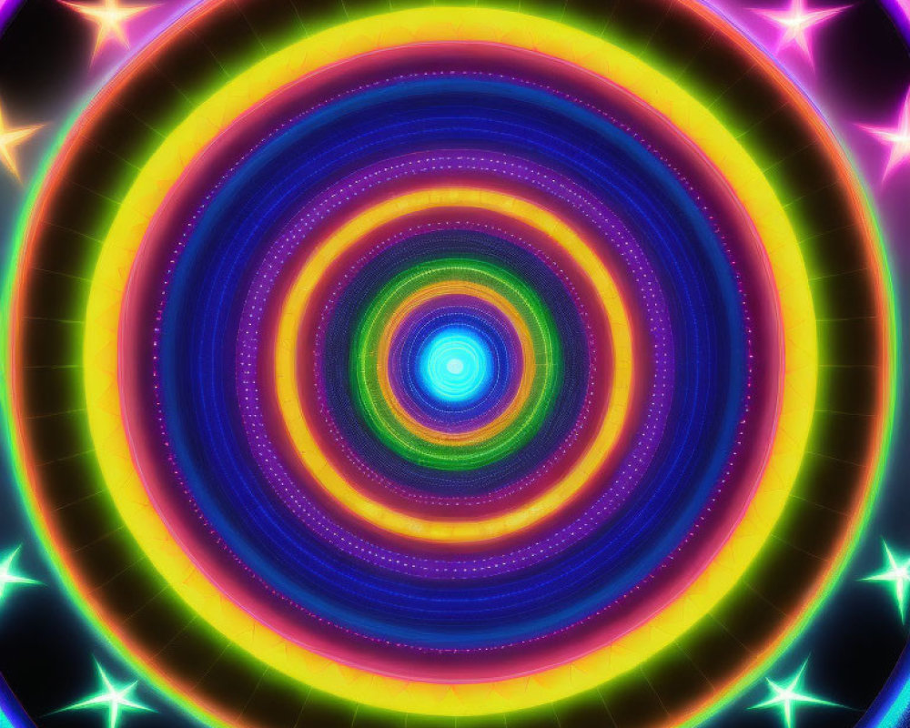 Colorful concentric circles with stars and glowing effects in digital artwork