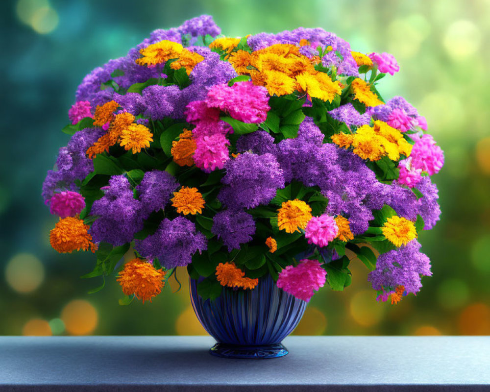 Colorful Purple and Yellow Flowers in Blue Vase on Green Background