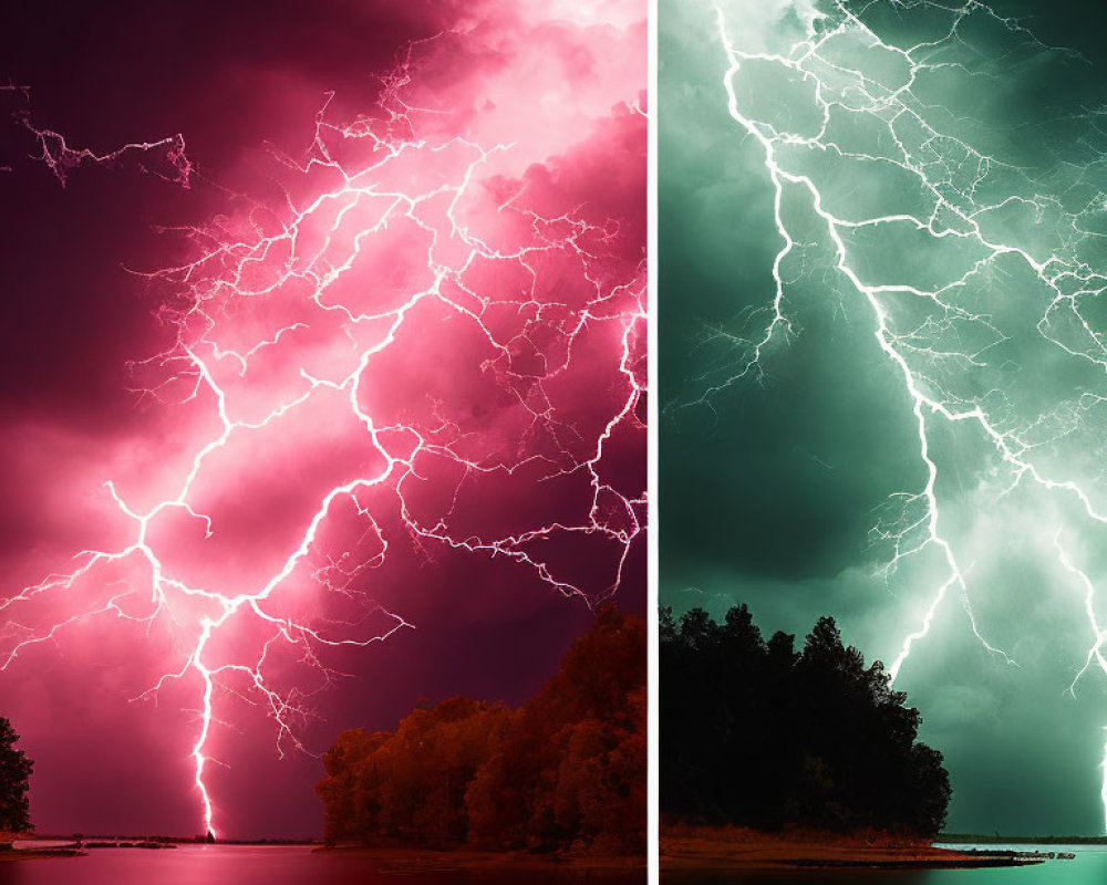 Split-image of dramatic lightning strikes in pink and green skies above trees and water