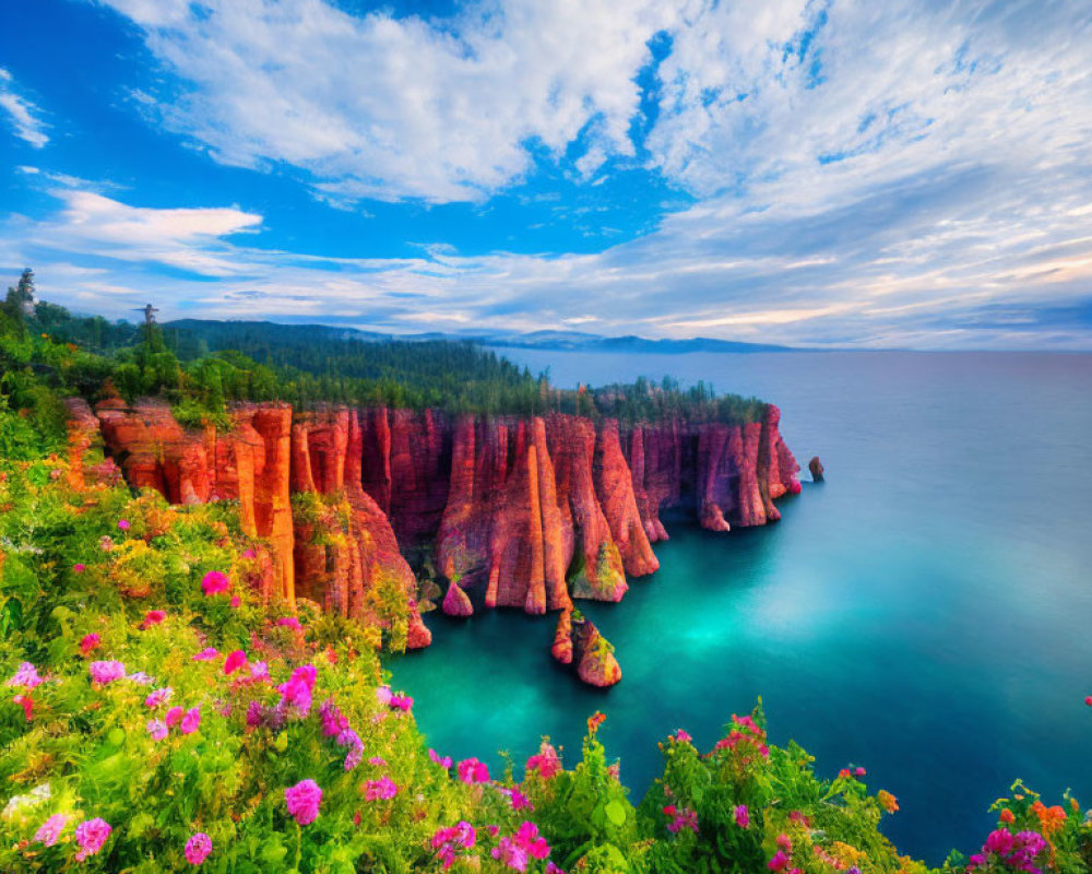 Scenic coastal landscape with red cliffs and wildflowers by tranquil turquoise sea