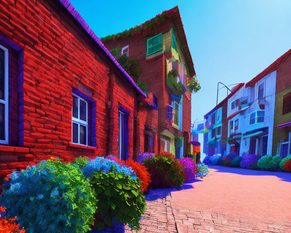 Colorful Street Scene with Red Brick Buildings and Lush Bushes