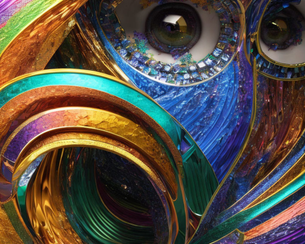 Vibrant Swirling Patterns with Realistic Eyes in Abstract Digital Art