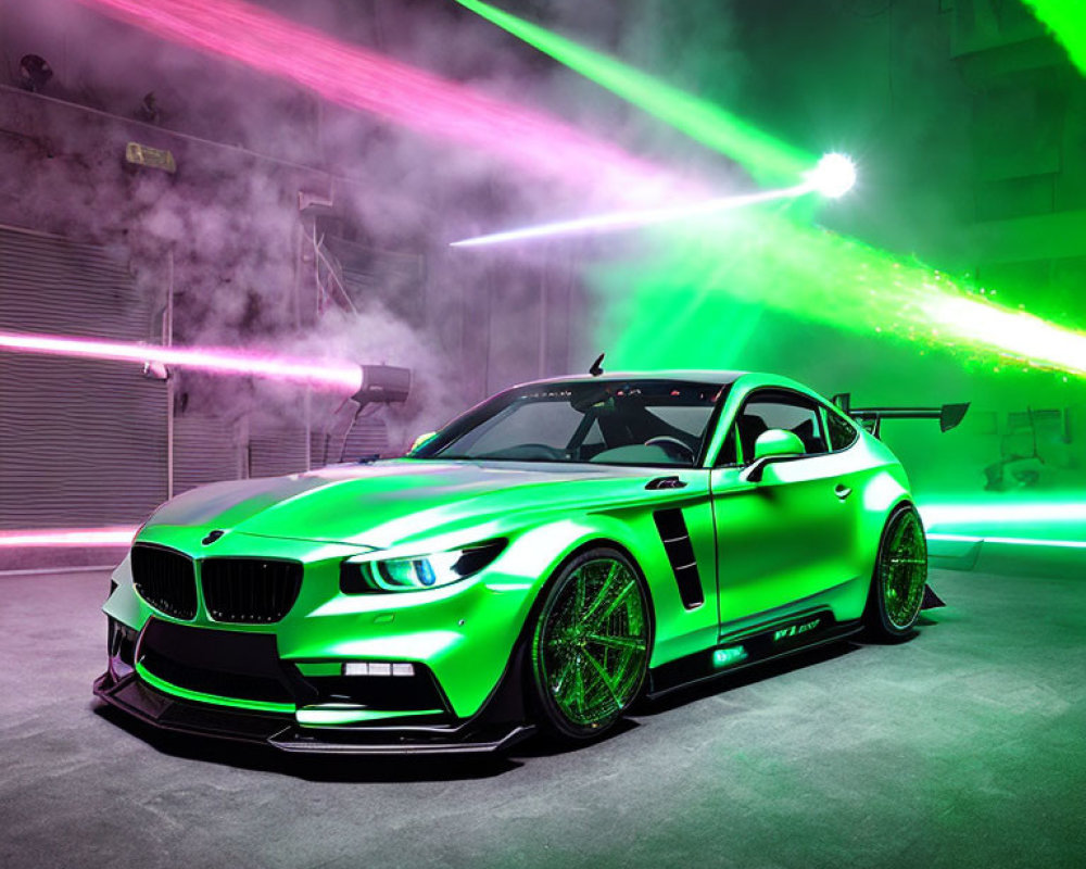 Neon Green Sports Car with Matching Rims, Green Lasers, and Smoke