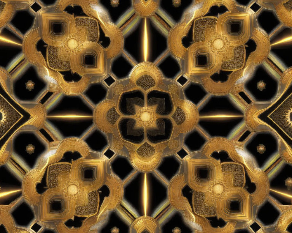 Symmetrical golden fractal pattern on black background