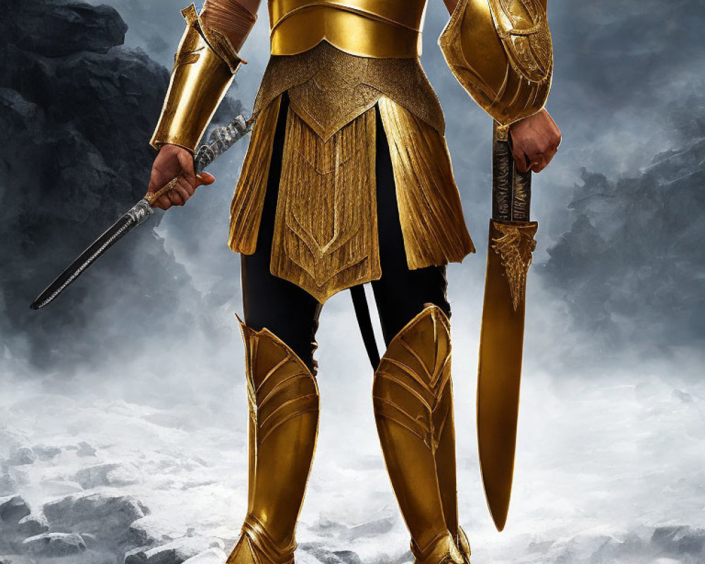 Golden-armored figure with sword and shield in misty rocky setting