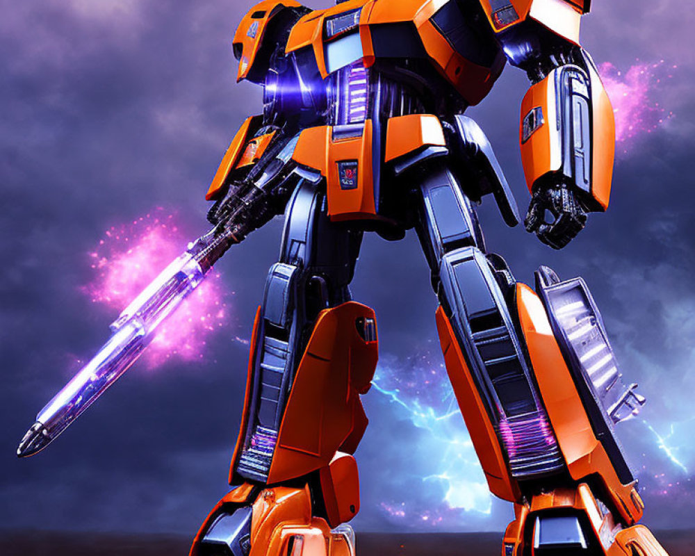 Orange and Blue Robotic Figure with Glowing Sword in Cosmic Battle Scene