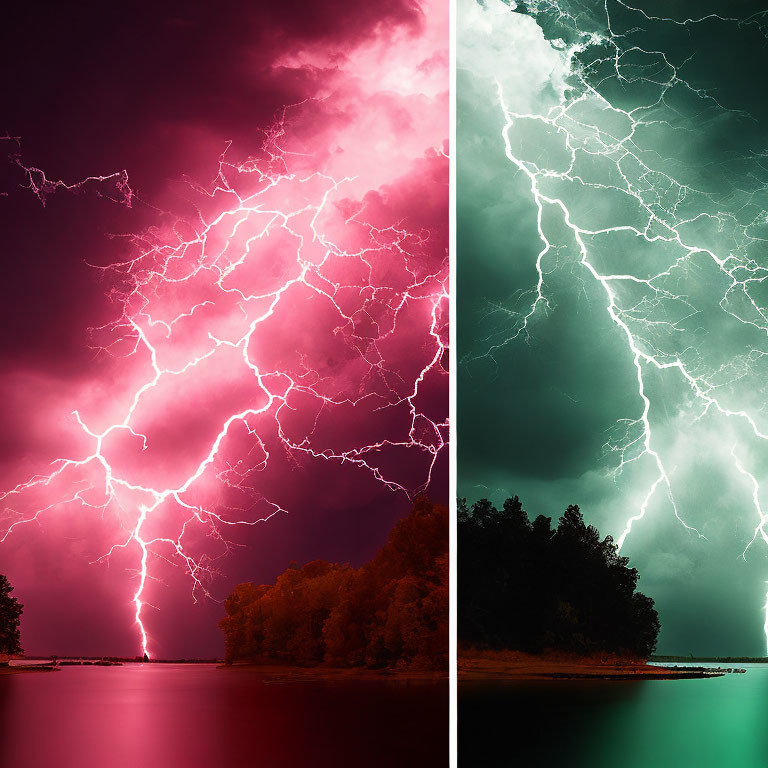 Split-image of dramatic lightning strikes in pink and green skies above trees and water