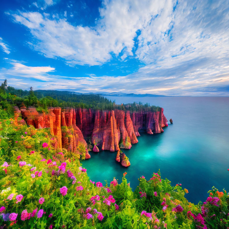 Scenic coastal landscape with red cliffs and wildflowers by tranquil turquoise sea