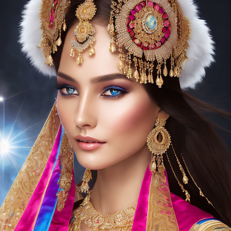 Woman with Striking Blue Eyes in Ornate Gold Headpiece