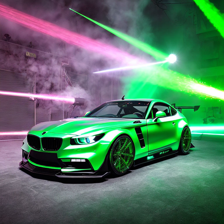 Neon Green Sports Car with Matching Rims, Green Lasers, and Smoke