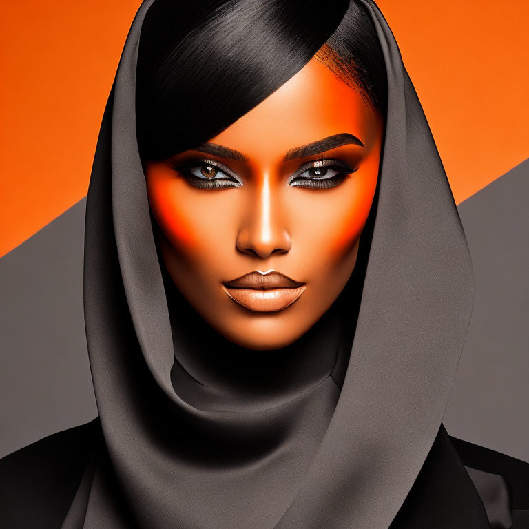 Striking orange eye makeup and black hijab on woman against orange backdrop