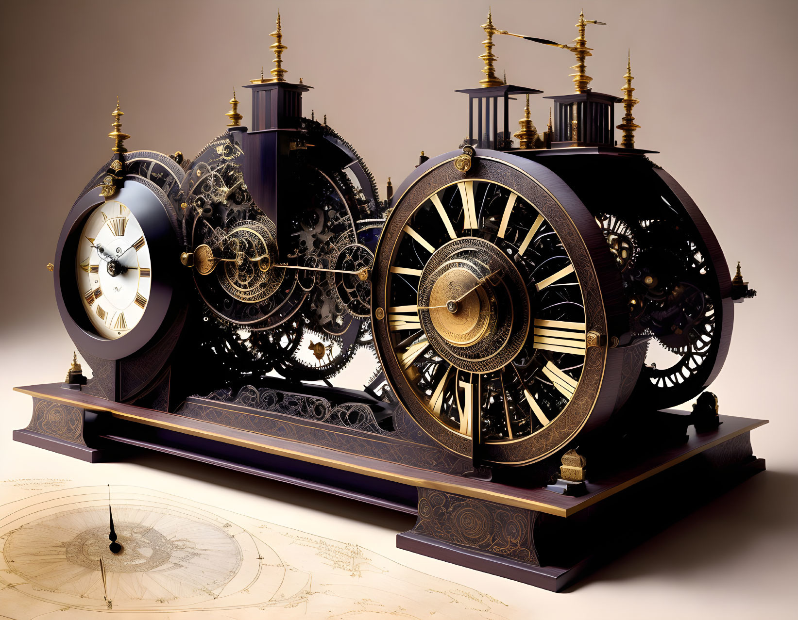 Ornate Mechanical Clock with Dual-Time Dials on Beige Background