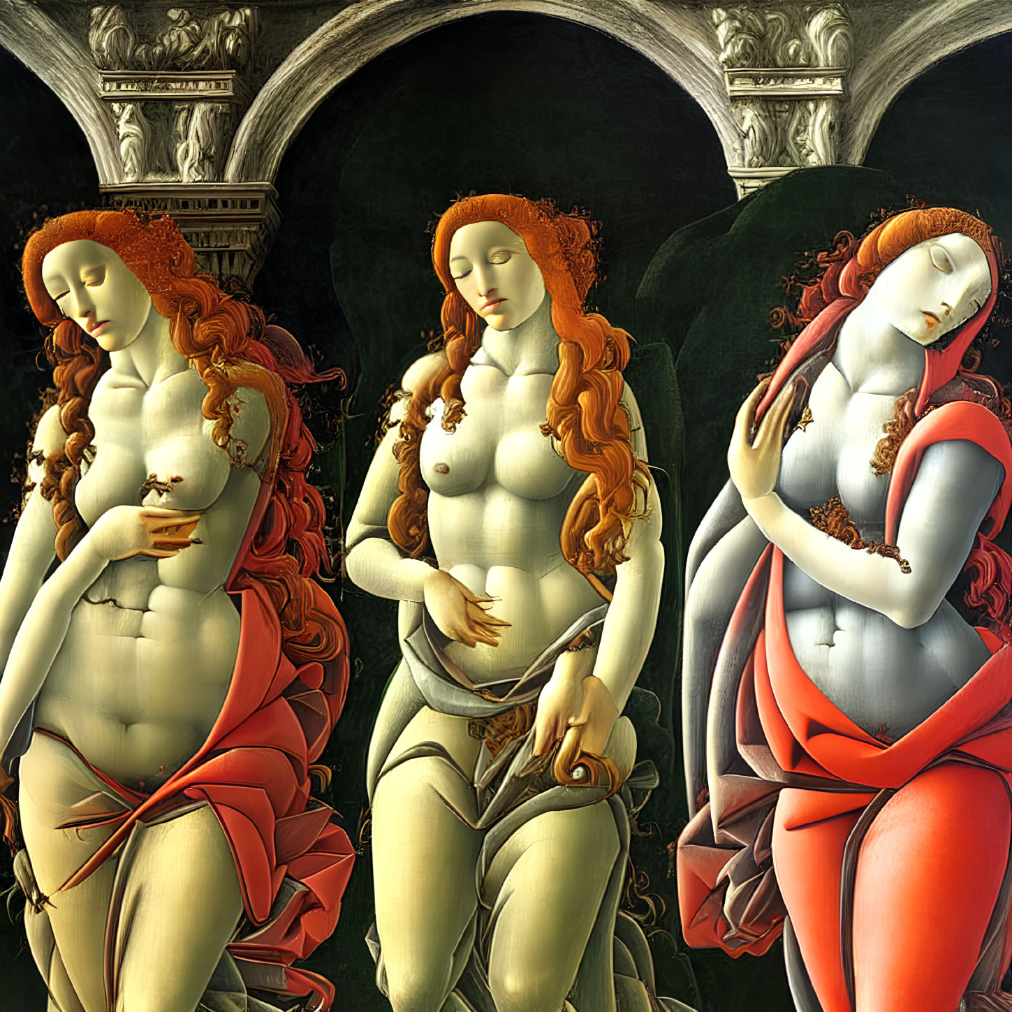 Stylized female figures with red hair in vibrant fabrics against dark background