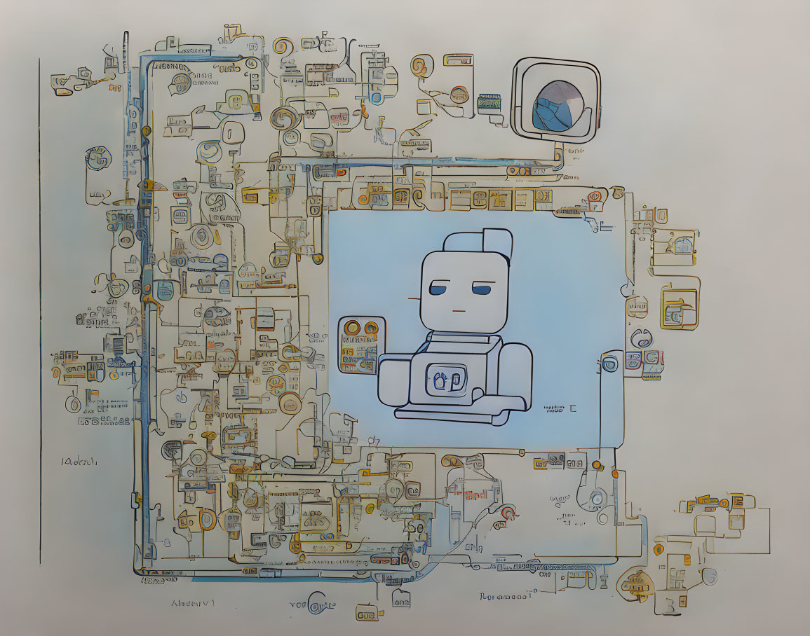 Schematic diagram with seated robot and recycle symbol on screen