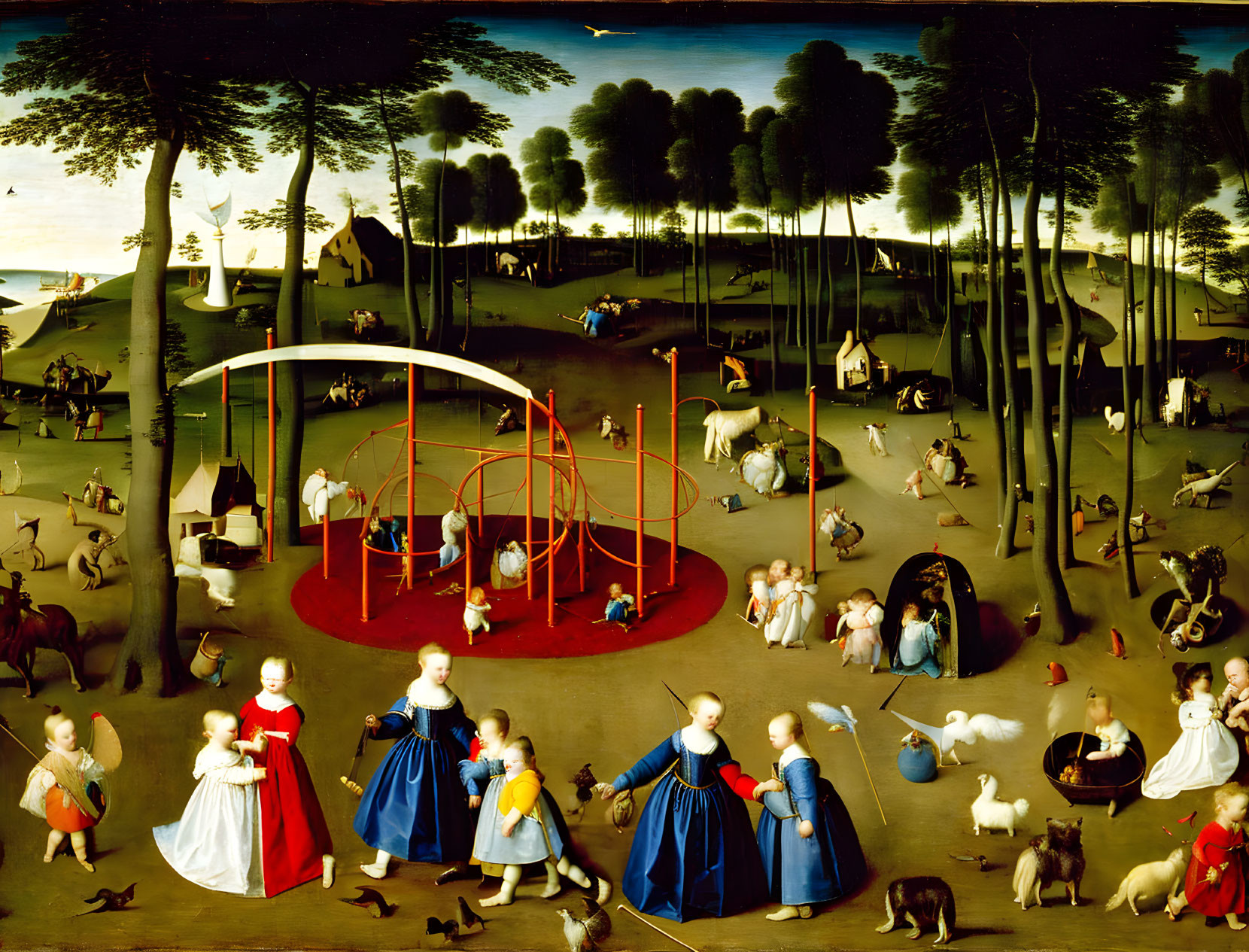 Renaissance painting of people in diverse activities in lush landscape