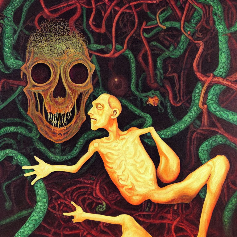 Surreal painting: Emaciated figure, floating skull, and organic shapes in red and green