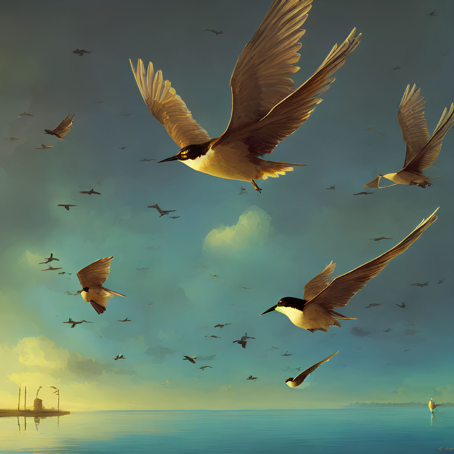 Birds flying over calm sea with pier and lighthouse silhouette