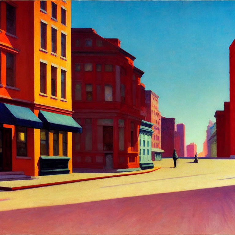 Colorful cityscape painting with vibrant buildings, street shadows, and pedestrians.