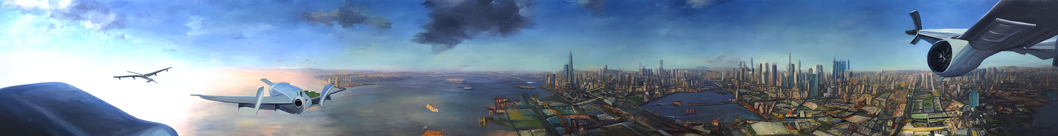 Panoramic futuristic cityscape with flying vehicles and skyscrapers