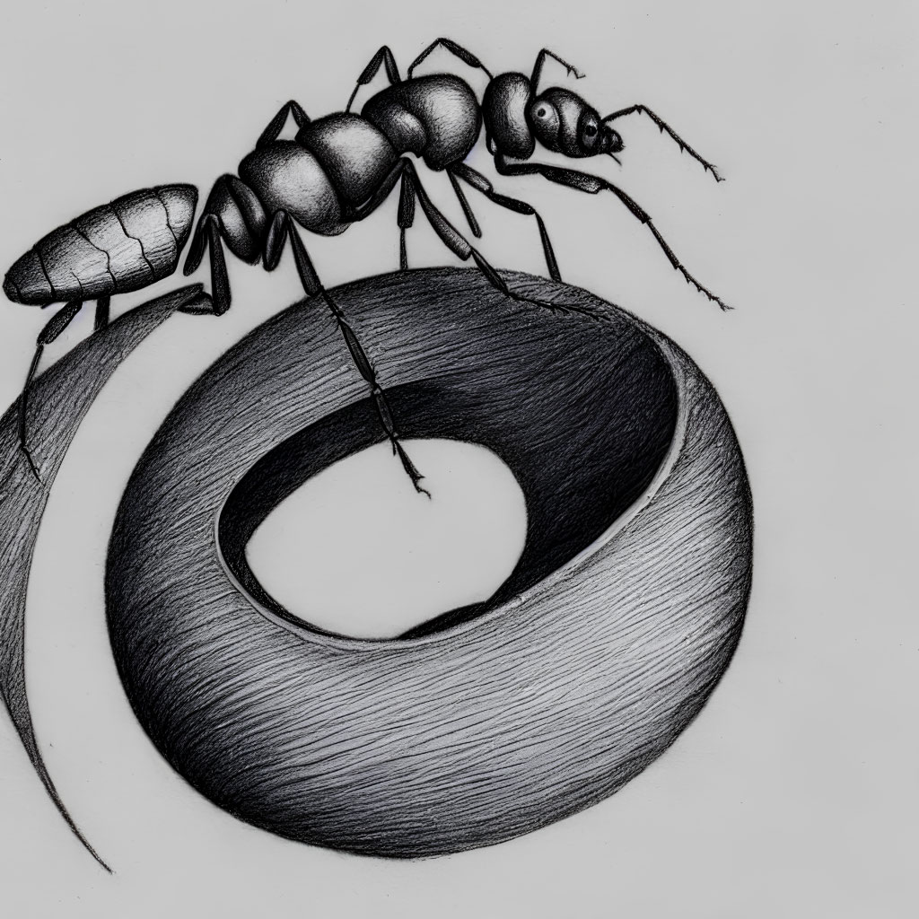 Monochrome sketch of ant on textured surface with spiral pattern