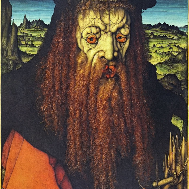 Grotesque figure merging with landscape, multiple eyes and tree-like head in painting