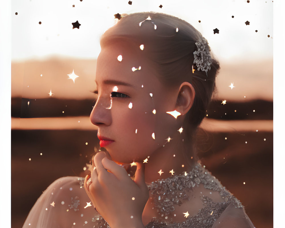 Thoughtful young woman with sparkling star effects on warm backdrop