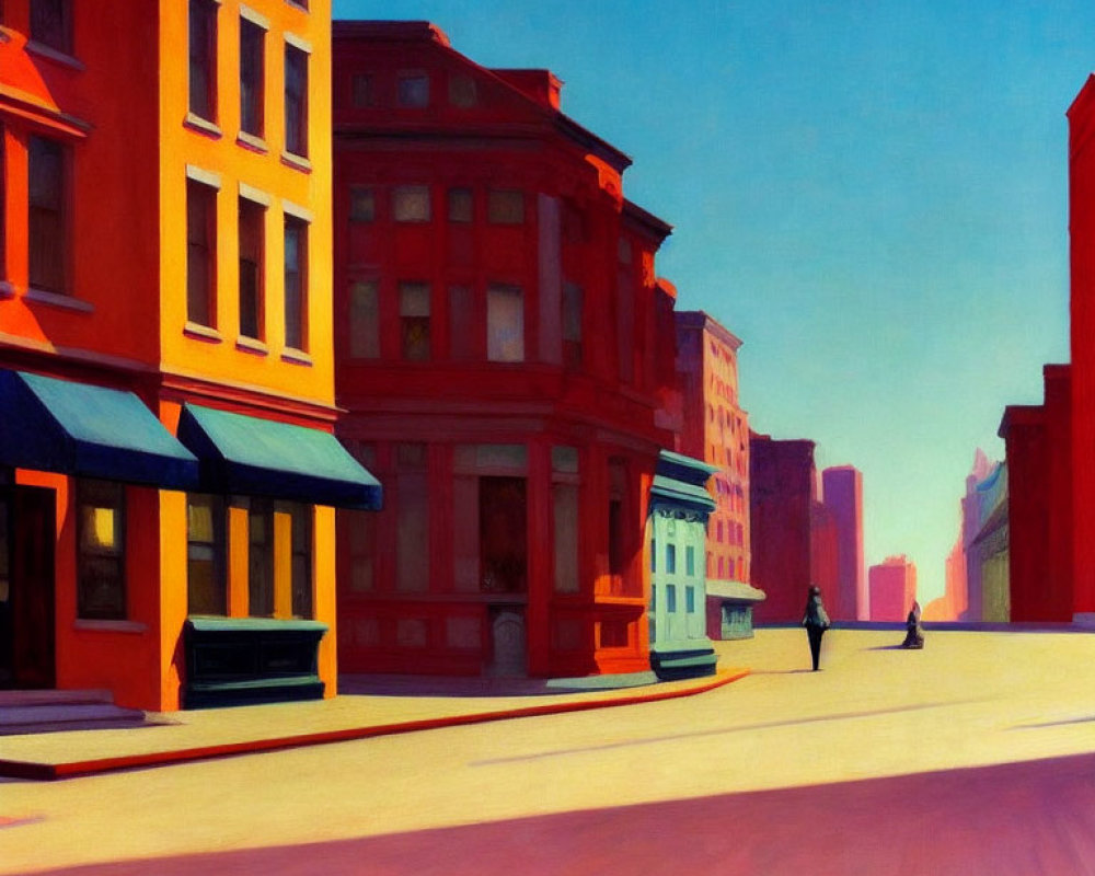 Colorful cityscape painting with vibrant buildings, street shadows, and pedestrians.