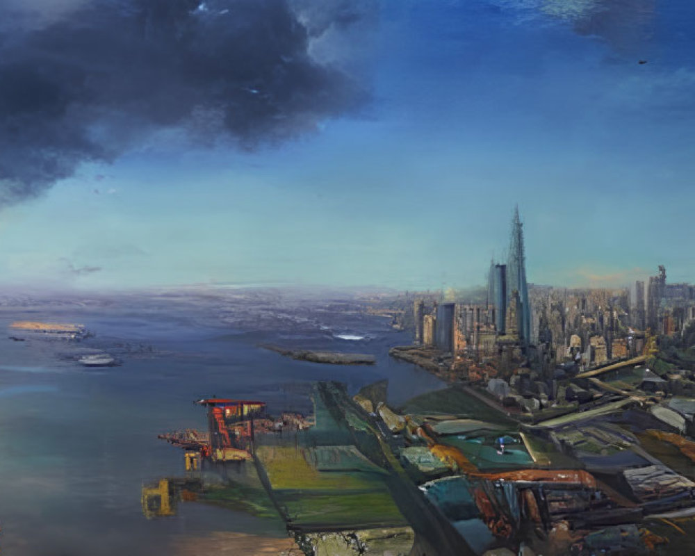 Panoramic futuristic cityscape with flying vehicles and skyscrapers