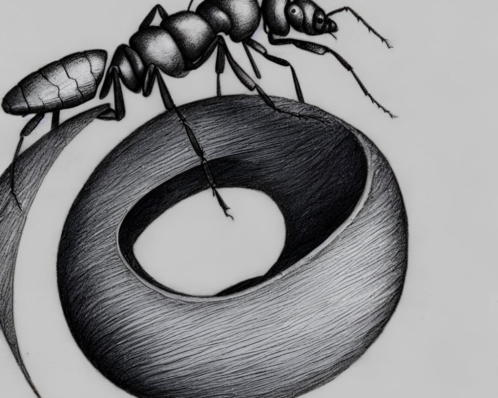 Monochrome sketch of ant on textured surface with spiral pattern