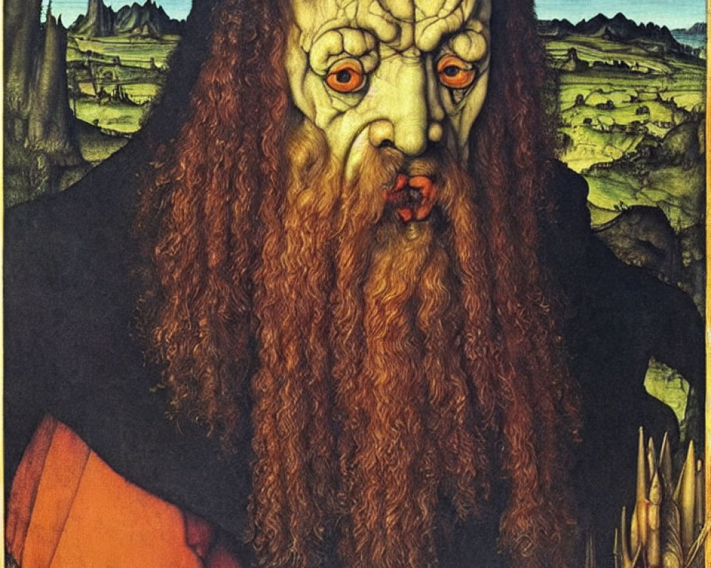 Grotesque figure merging with landscape, multiple eyes and tree-like head in painting